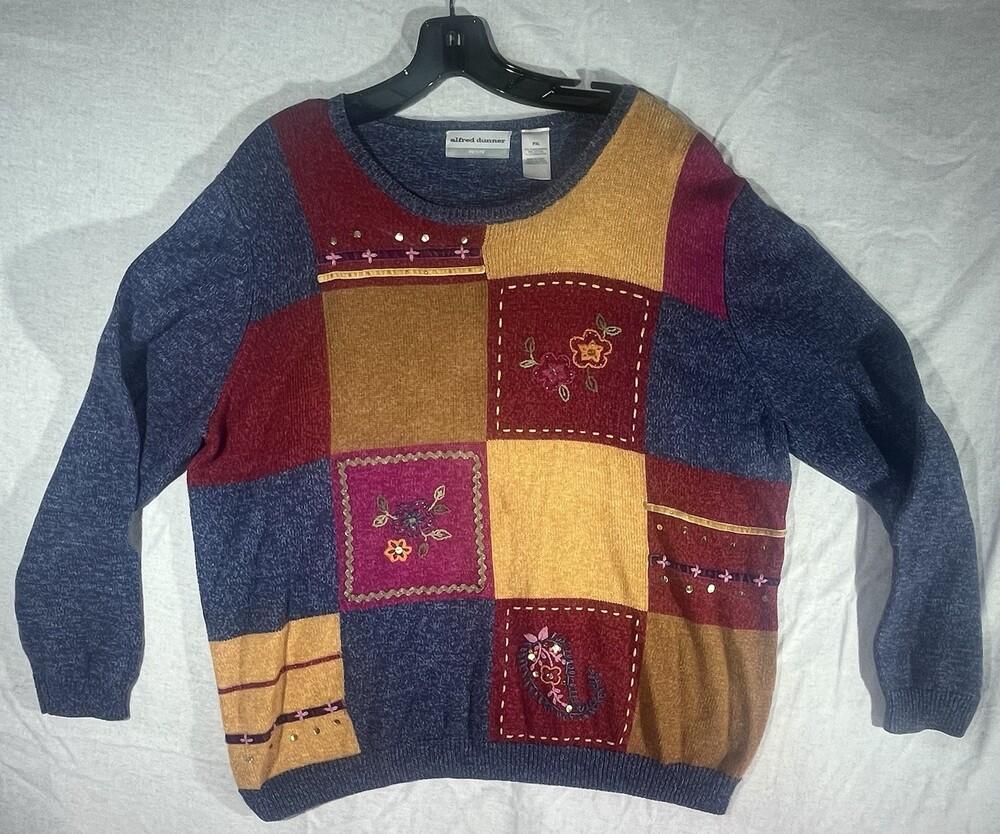 Alfred Dunner Patchwork Floral Sweater Size PXL Multicolor Cotton Blend